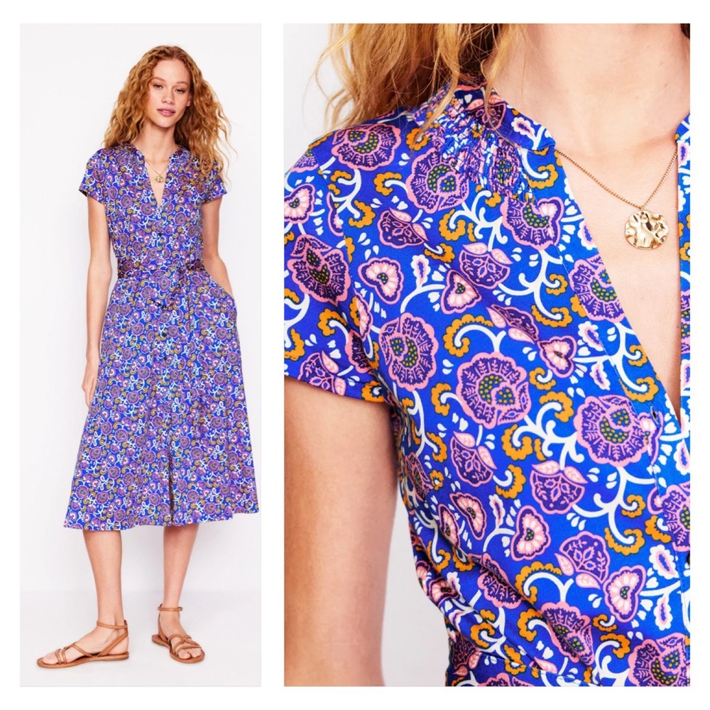 Boden Sara Jersey Shirt Dress in Gallery Blue, Garden Vine- NWT